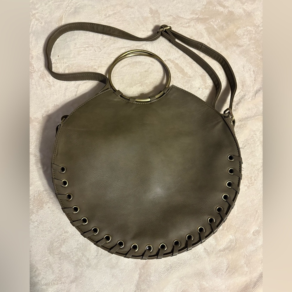 Mud Pie olive Circle Shoulder Bag with Metal Handles and small pouch with flower